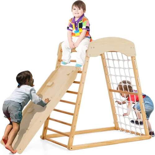 Costzon Gimnasio interior de la selva, juguetes de escalada Montessori 6 en 1 para niños pequeños con tobogán de doble cara, escalada de roca/red,