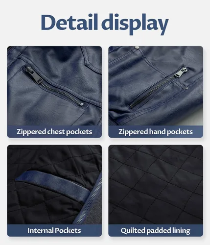 Miniatura 6 de CREATMO US Chaqueta de piel sintética para hombre, impermeable, resistente al viento, PU con capucha extraíble
