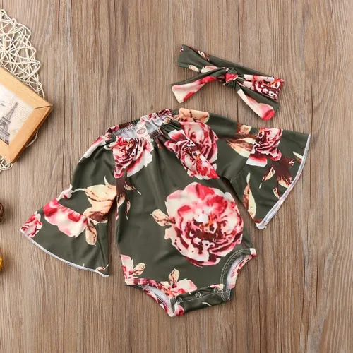 Miniatura 4 de Mameluco de manga larga con diseño de flores de encaje para bebé, color liso, conjunto de ropa con diadema