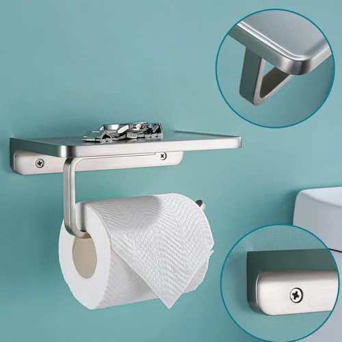 Miniatura 2 de RANDOM Soporte de papel higiénico con estante Dispensadores de papel higiénico de níquel cepillado Soporte de papel higiénico de metal sólido