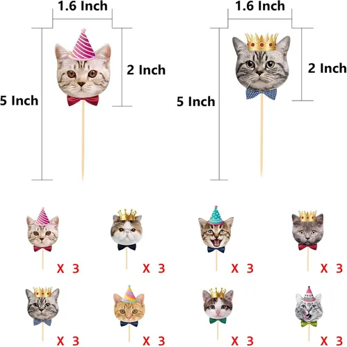 Miniatura 6 de TSJ 24 adornos para cupcakes de gatos, caras de gatos, decoración temática de gatitos, palillos de dientes para fiestas, baby shower