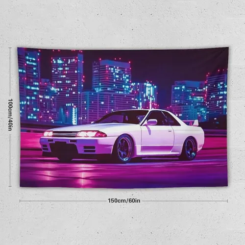 Miniatura 2 de PailailaiNest Arte de pared Jdm Car White R32 Neon City Night Scene Estética Tapiz colgante de pared para dormitorio, decoración de pared del hogar