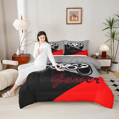 Miniatura 27 de Manfei Juego de edredón moderno de 2 piezas con estampado de consola de videojuegos de panal azul con 1 funda de almohada, juego de ropa de cama