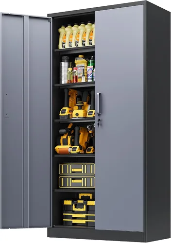 Miniatura 13 de Armario de almacenamiento de metal con 2 puertas y estantes ajustables, armario de metal ancho, gabinete de almacenamiento bajo, gabinete de acento