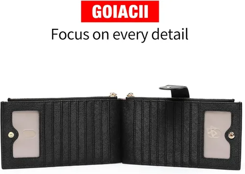 Miniatura 6 de GOIACII - Carteras delgadas para mujer con bloqueo RFID, tarjetero con 2 bolsillos con cremallera, monedero fino para mujer, negro (A01 Black)