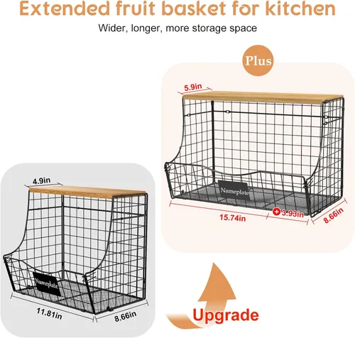 Miniatura 2 de Cesta de Frutas Extra Grande para Cocina con Tapa de Madera y Placa de Identificación – Contenedor de Almacenamiento de Cebolla y Papa Montado