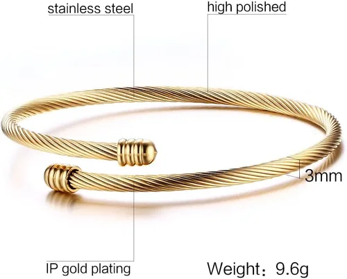 Miniatura 2 de Brazalete trenzado de acero inoxidable triple 3 con alambre de cable apilable para mujer, ororosaplata, Acero inoxidable