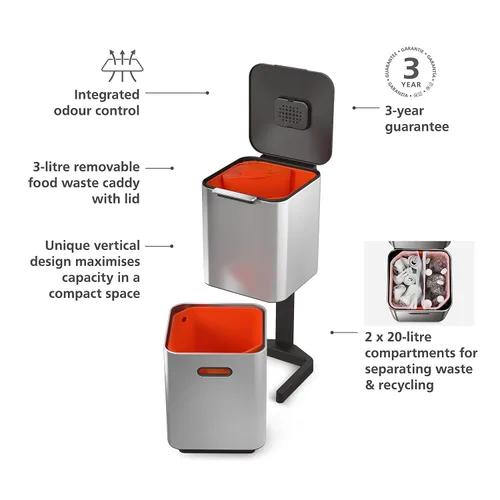 Miniatura 5 de Joseph Joseph Totem Compact - Contenedor de cocina para separación y reciclaje de residuos de 10.5 galones (40 litros) con filtro de olores y Acero