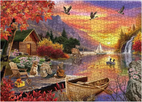 Miniatura 2 de Rompecabezas de paisaje al atardecer para adultos, 1000 piezas, rompecabezas de pesca de otoño, camping, lago, hermoso pájaro, perro, flor, ciervo