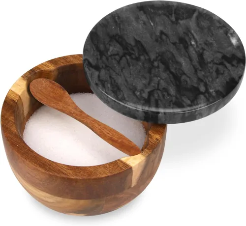 Caja de Sal de Madera con Tapa de Mármol y Cuchara, Moderno Recipiente de Piedra Negra para Sal o Pimienta Azúcar Especias Condimentos, Contenedor