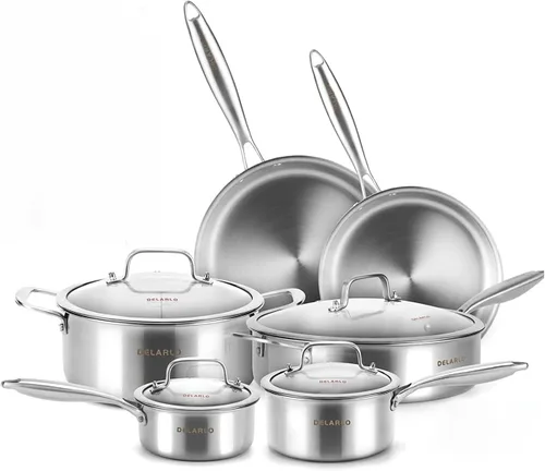 Miniatura 9 de DELARLO Juego de sartenes de cocina de acero inoxidable de tres capas con tapa de 10.5 pulgadas y 12.5 pulgadas, sartenes grandes de inducción