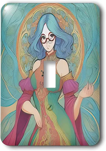 Miniatura 2 de 3dRose Art Nouveau woman. Fantastic goddess of Spring. Green hair, glasses 2 plug outlet cover