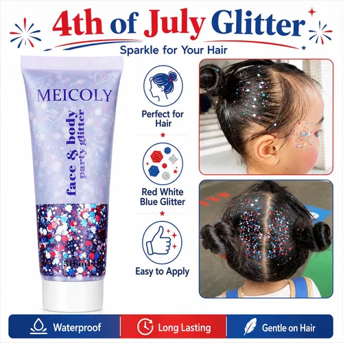 Miniatura 3 de MEICOLY Purpurina corporal roja, blanca y azul, accesorios del 4 de julio, purpurina para el cabello para niños, atuendos del 4 de julio