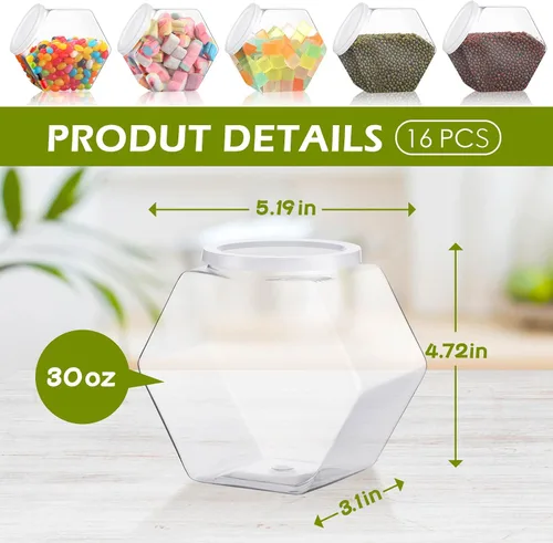 Miniatura 2 de Hoolerry 16 tarros de plástico para dulces de 30 onzas con tapas, recipiente hexagonal para dulces, bufé, galletas, aperitivos, regalos