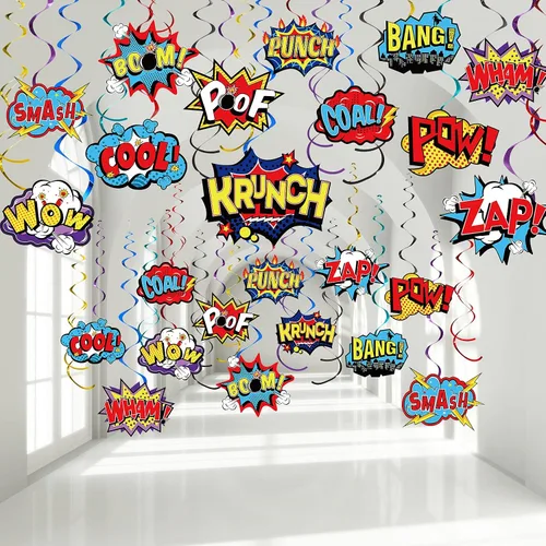 Miniatura 7 de Sumind 54 carteles colgantes con temática de héroe de remolinos de acción de papel de aluminio para el techo, decoración de fiesta para niños, baby