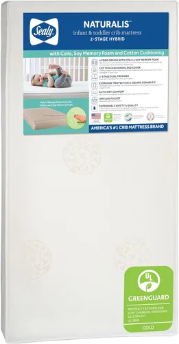 Sealy Naturalis - Colchón hipoalergénico de 2 etapas para cuna de bebé y cama infantil, colchón para cuna no tóxico, algodón natural, bobina híbrida