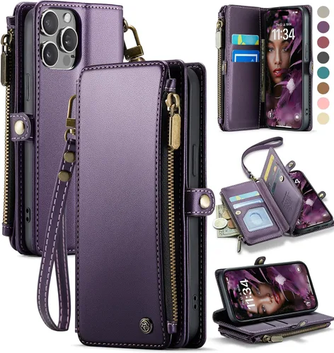 Miniatura 13 de Defencase Funda magnética para iPhone 13 Pro compatible con Magsafe con bloqueo RFID, correa de cremallera y tarjetero para mujer, funda de piel