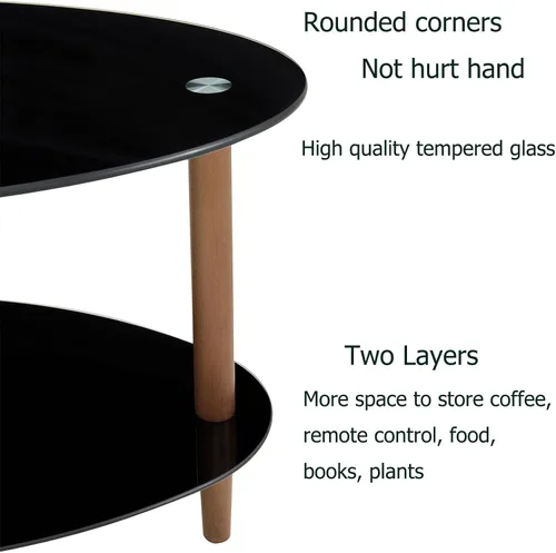 Miniatura 4 de Mesa de centro de cristal, mesa de centro ovalada en sala de estar con patas de madera de roble y vidrio de 2 niveles (transparente), mesa de té