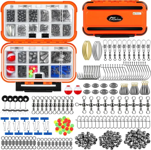 PLUSINNO 253/387pcs Fishing Gear Accessories Kit, Fishing Tackle Box with Tackle Included, Fishing Hooks, Fishing Weights Sinkers, Spinner Blade,