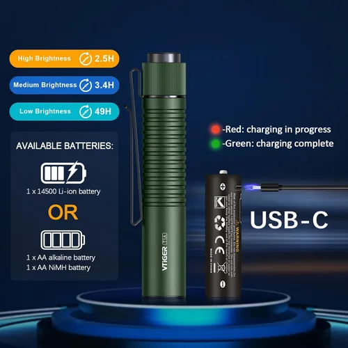 Miniatura 6 de VTIGER T1A Mini Linterna EDC de Bolsillo con Clip, 1300 Lúmenes Linterna Compacta AA Recargable LED Pequeña, Interruptor de Cola Súper Brillante