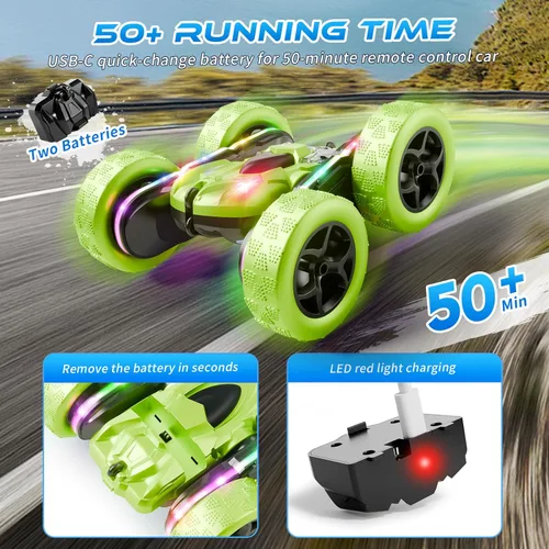 Miniatura 2 de Auto de control remoto – 4WD 360° Flip RC doble cara con barra de luz LED y batería modular USB-C, juguetes todoterreno para niños de 6 a 12 años