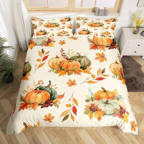 Miniatura 18 de Erosebridal Juego de funda de edredón individual de pavo de Acción de Gracias, juego de ropa de cama de calabaza y hojas de otoño para niños