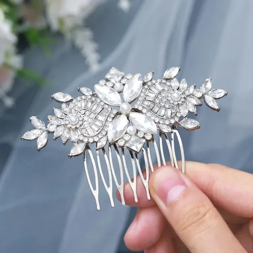 Miniatura 9 de Foyte Peine de pelo de novia de cristal, tocados de novia con flores plateadas, piezas de pelo de hoja con diamantes de imitación, peines laterales