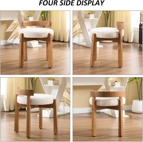 Miniatura 7 de HEAH-YO Silla de tocador de madera con respaldo, reposapiés otomano pequeño tapizado de felpilla, silla de maquillaje moderna de mediados de siglo