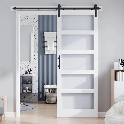 Miniatura 12 de Losa para puerta corrediza de granero de vidrio de 28 x 84 pulgadas y kit de herrajes de 5 pies incluido, 5 vidrios esmerilados, panel de madera LVL
