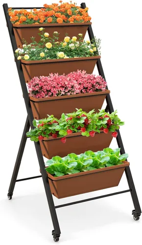 Giantex Cama de jardín elevada vertical sobre ruedas, macetas elevadas de 5 niveles, camas de jardín con orificio de drenaje, 5 contenedores