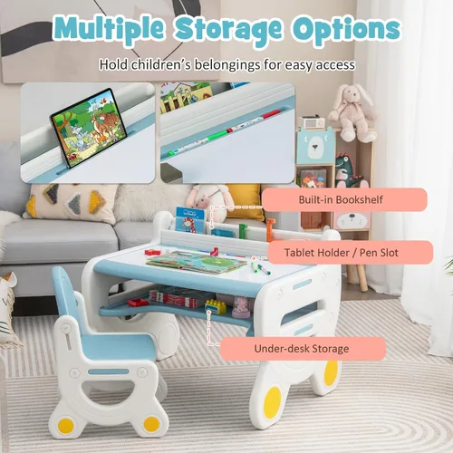 Miniatura 2 de Costzon - Juego de mesa y silla para bebé, escritorio de actividades de plástico con pizarra, bolígrafos de acuarela, borrador de pizarra y estante
