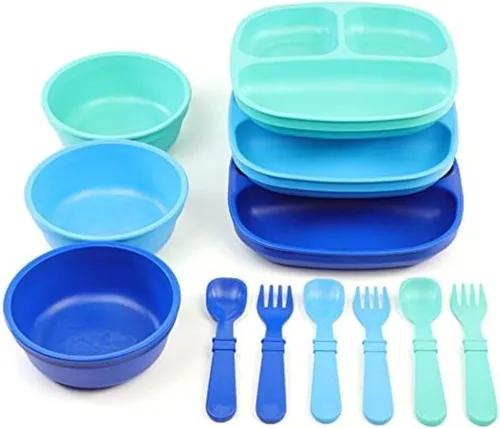 Miniatura 10 de Re-Play Juego de vajilla para niños pequeños, 3 platos divididos con 3 juegos de tenedores y cucharas, vajilla para niños sin BPA, apto