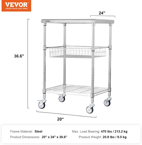 Miniatura 7 de VEVOR Carrito Utilitario de Cocina, 36.6"x20"x24" Carrito Rodante de Alambre de 3 Niveles, Carrito de Servicio de Acero con Capacidad de 470LBS