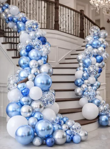 Miniatura 8 de Kit de guirnalda de globos azules y blancos plateados, 60 globos de látex de confeti azul cromado, blanco y plateado de 12 pulgadas para baby