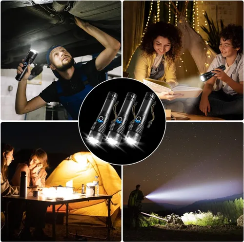 Miniatura 7 de UUYEE Paquete de 3 linternas recargables de alto lúmenes, linterna súper brillante, 5 modos de linterna LED recargable, linternas tácticas