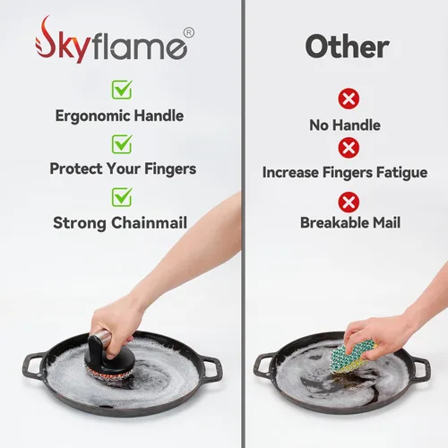 Miniatura 4 de Skyflame Limpiador de hierro fundido con asa, limpiador de malla de acero inoxidable para sartenes y sartenes - Utensilios de cocina de hierro