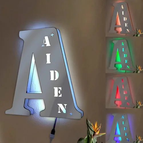 Miniatura 13 de Rompecabezas de nombre de familia personalizado, luz LED, espejo de corazón, espejo de dormitorio, espejo acrílico personalizado de 1 a 12 nombres