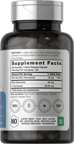 Miniatura 2 de Horbäach Suplemento de zinc y carnosina 84 mg por cápsula 150 unidades Sin OMG y sin gluten