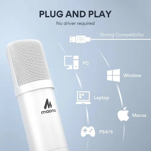 Miniatura 4 de MAONO Micrófono USB, 192kHz/24bit Plug & Play PC Podcast condensador cardioide metal kit de micrófono con chip de sonido profesional para grabación