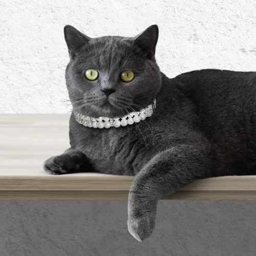 Miniatura 5 de Collares de perlas para perros y gatos con decoración de diamantes de imitación de cristal, ajustable, lindo collar de piel sintética para mascotas