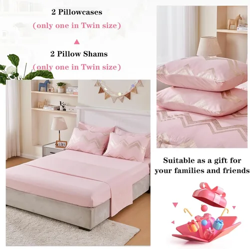 Miniatura 5 de Juego de ropa de cama para niñas, edredón rosa dorado para cama tamaño queen, 7 piezas, juego de ropa de cama dorado con purpurina en lámina