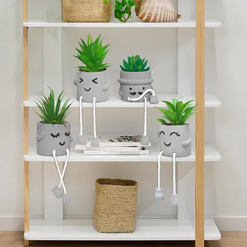 Miniatura 8 de MAKHOT 4 plantas suculentas artificiales creativas con maceta de cemento, planta pequeña falsa para escritorio, suculentas falsas para decoración