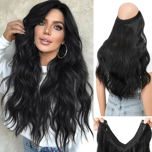 Miniatura 12 de Extensiones de cabello de alambre transparente invisible con 3 clips seguros, diadema ajustable, tamaño ondulado, rizado, largo, sintético