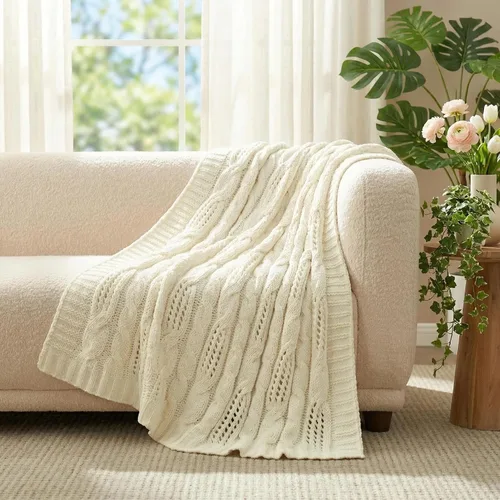 Miniatura 6 de Amélie Home - Manta de punto gruesa de punto trenzado, manta de cable de chenilla suave y transpirable de doble cara para sofá, manta decorativa