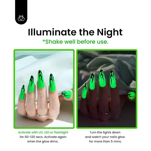 Miniatura 5 de Beetles - Esmalte de uñas de gel verde luminoso que brilla en la oscuridad, esmalte de uñas de gel que se absorbe con lámpara LED UV, arte de uñas