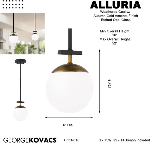 Miniatura 5 de George Kovacs P351-618 Alluria 1 lámpara colgante, 75 vatios en total, negro desgastado con oro otoñal