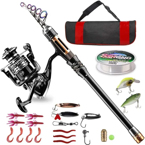 Kit de Caña de Pescar BlueFire, Caña Telescópica de Fibra de Carbono y Combo de Carrete con Carrete Giratorio, Línea, Señuelo, Anzuelos y Bolsa de