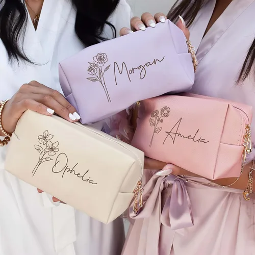 Miniatura 2 de DayOfShe Regalos de despedida de soltera, bolsa de maquillaje personalizada con nombre y flor de nacimiento como regalo de dama de honor, bolsa