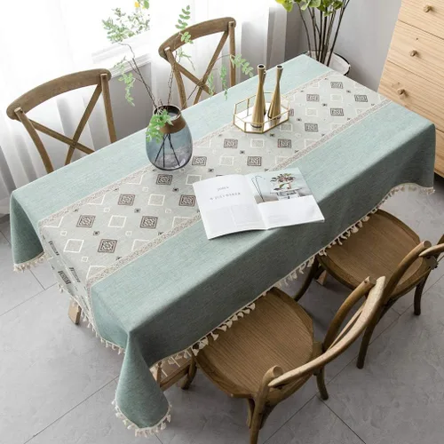 Miniatura 10 de Pahajim Mantel de lino rústico rectangular con borlas a rayas de algodón para mesa de cocina y comedor, cuadrada, 55 x 55 pulgadas, 4 asientos Azul
