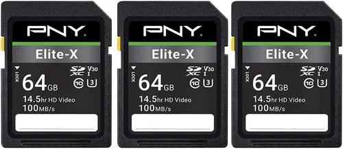 PNY Tarjeta de memoria flash Elite-X Class 10 U3 V30 SDXC de 64 GB, 100 MB/s, clase 10, U3, V30, 4K UHD, Full HD, UHS-I, tamaño completo (paquete de